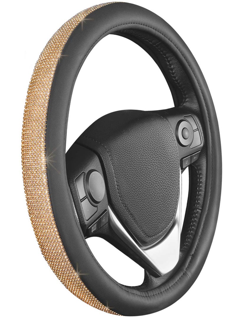Carbella BDK Bling Bling Glitter Diamond Leather Steering Wheel Cover with 9 Rows Crystal Rhinestones, Universal Fit 14.5-15.5 Inch for Women/Girls (Bling Crystal Diamonds - Gold) - Image 1
